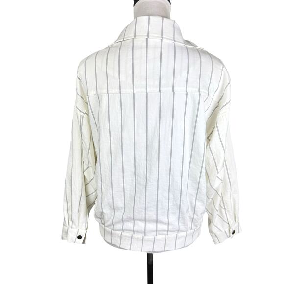 Gianni Bini Monte White Pin Stripe Asymmetrical Zip Relaxed Fit Moto Jacket - Picture 5 of 16